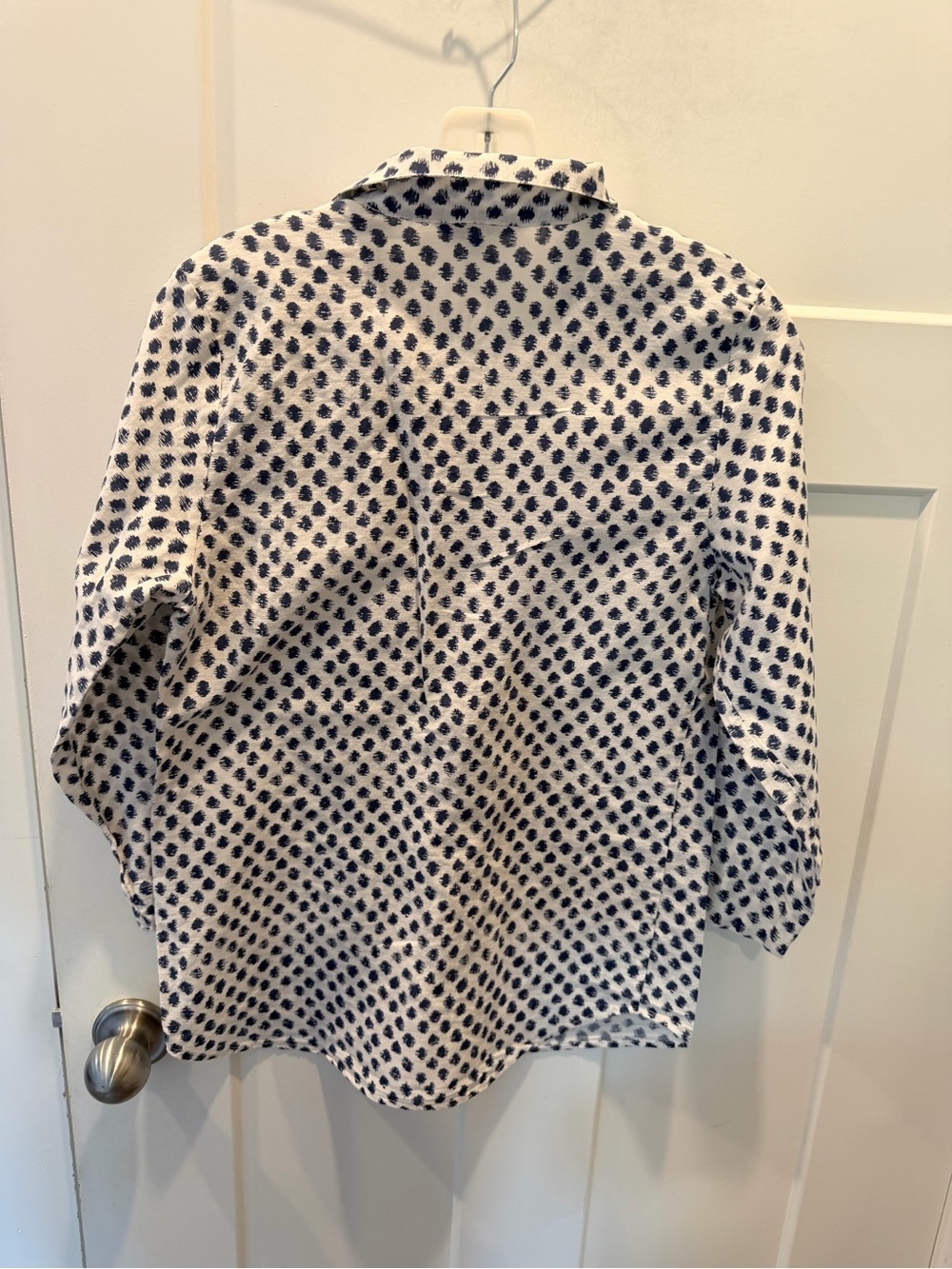 Hester & Orchard Linen Blend Button Front Blouse Small Navy White Print Top - Picture 5 of 9